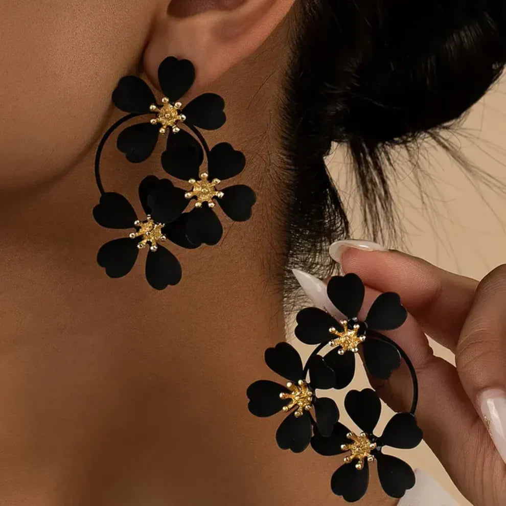 Boucles d'Oreilles Pendantes Vintage à Fleurs Noires